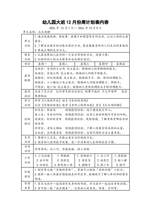 幼儿园大班12月份周计划表内容