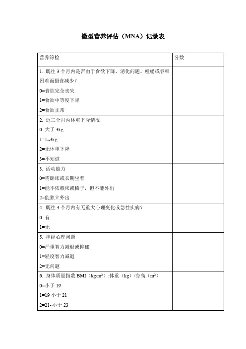 微型营养评估(MNA)记录表