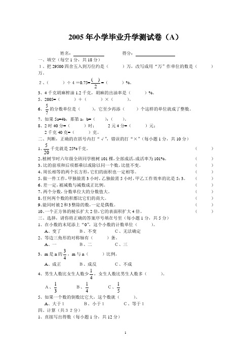 2005六年级数学考试试卷