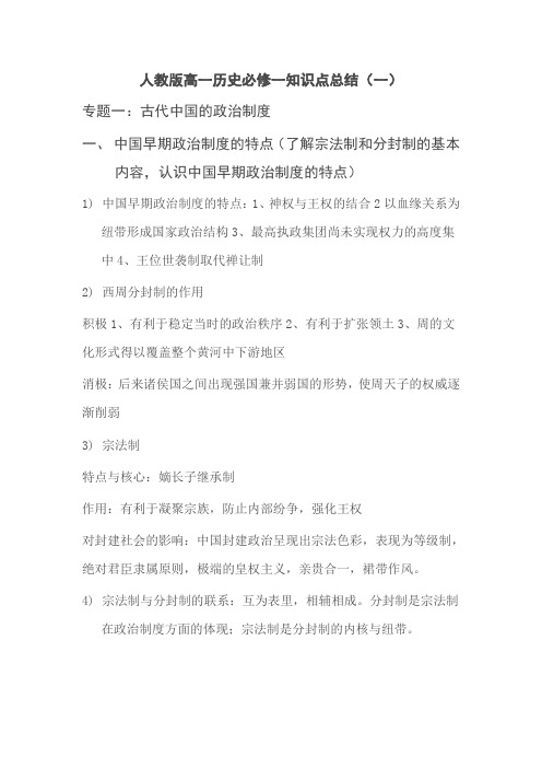 2019-2020年人教版高一历史必修一知识点总结(一)归纳复习资料大全重难点汇总