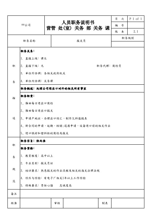 关务部关务课报关员职务说明书