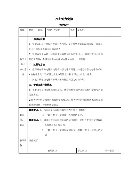 2020学年高中物理第七章万有引力与宇宙航行第二节万有引力定律教案新人教版必修第二册