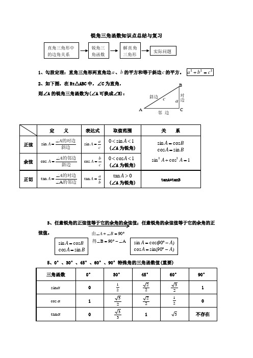 北师大版锐角三角函数知识点总结与典型习题