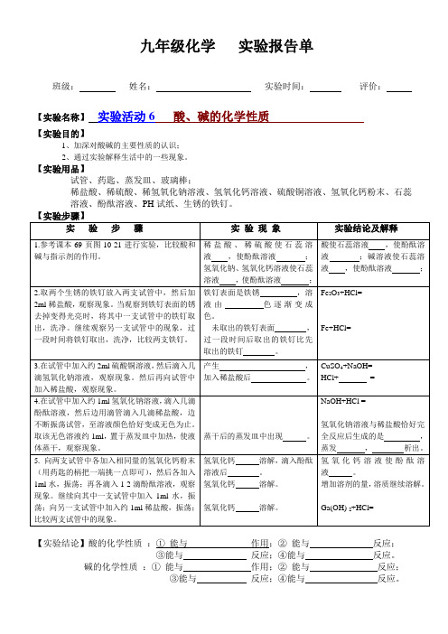 九年级化学  实验活动6 酸碱的化学性质 实验报告单