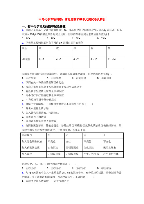 中考化学专项训练：常见的酸和碱单元测试卷及解析