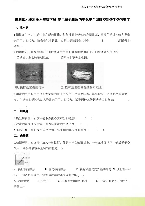 六年级下册科学一课一练第二单元物质的变化第7课时控制铁生锈的速度∣教科版