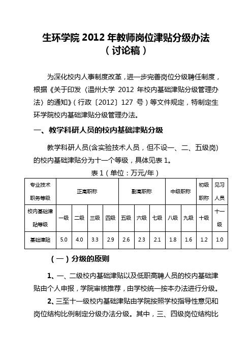 生环学院2012年教师岗位津贴分级办法