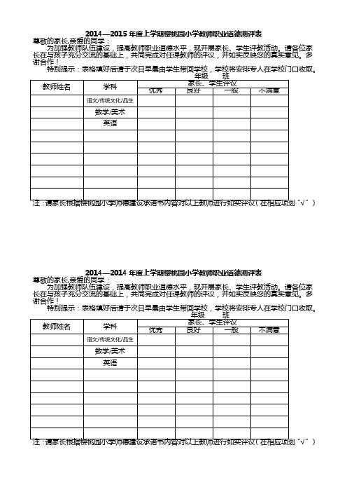 XX  班 教师职业道德测评表(样表)