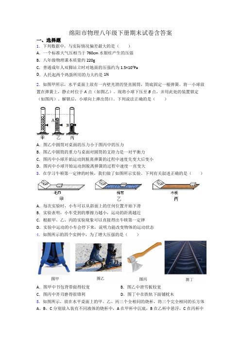 绵阳市物理八年级下册期末试卷含答案