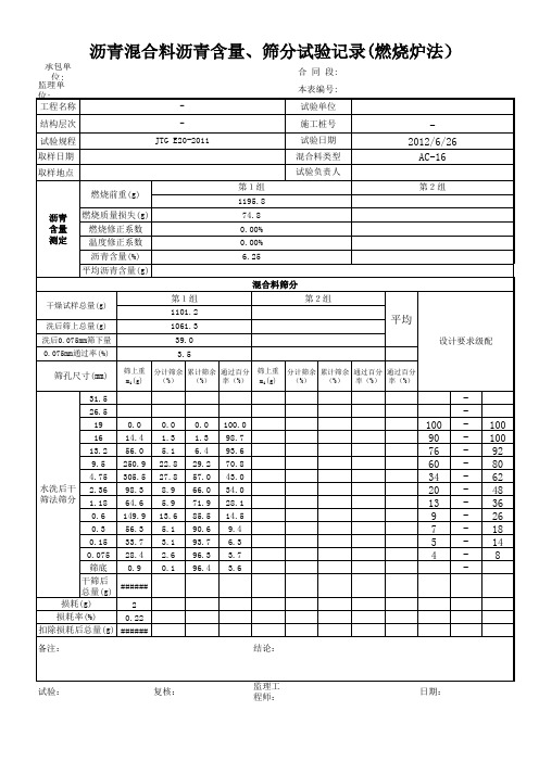 燃烧炉法沥青含量修正表