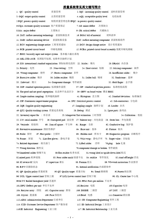 品质系统常见英文缩写简介