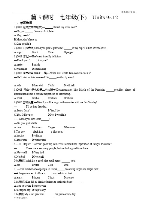 河南人教版中考英语基础教材过关练习 第5课时 七年级(下) Units 9~12 