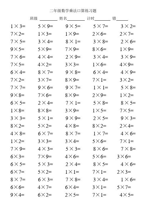 二年级数学乘法口算练习题(附乘法口诀表)