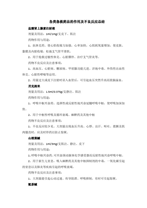 各类急救药品的作用及不良反应总结