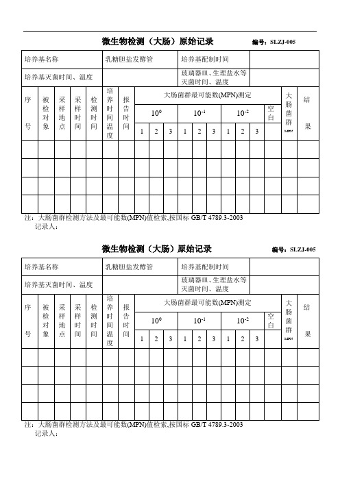 微生物检测原始记录大肠杆菌