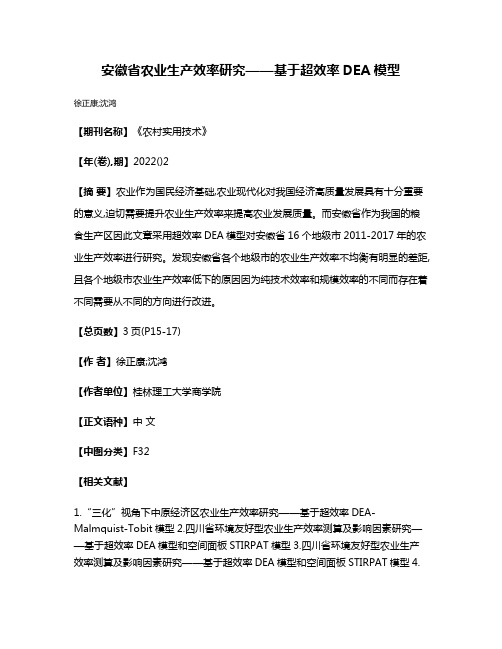 安徽省农业生产效率研究——基于超效率DEA模型