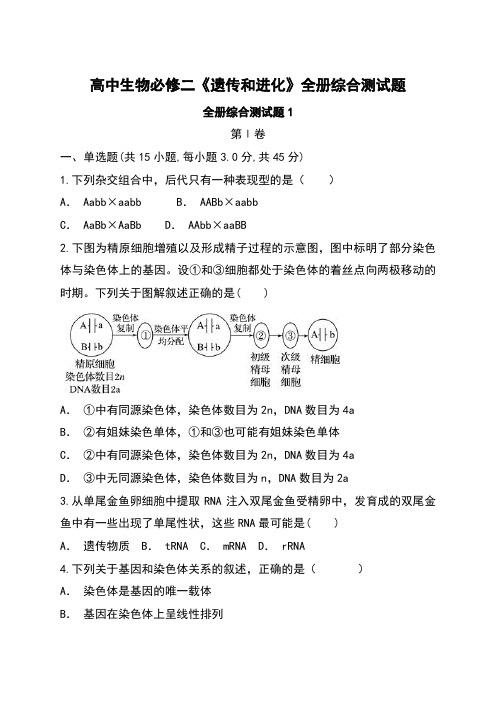 高中生物必修2《遗传和进化》全册综合测试题(3套 含答案解析)