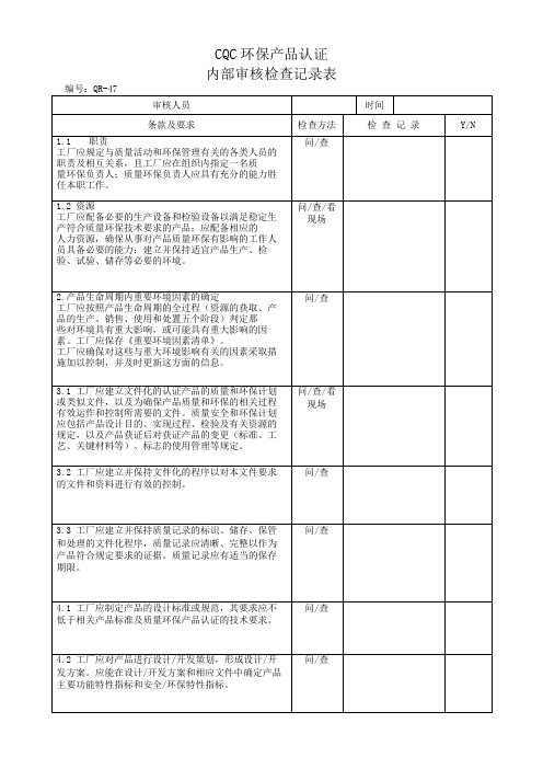 CQC环保产品认证内审检查记录