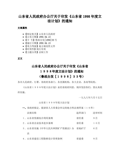 山东省人民政府办公厅关于印发《山东省1998年度立法计划》的通知