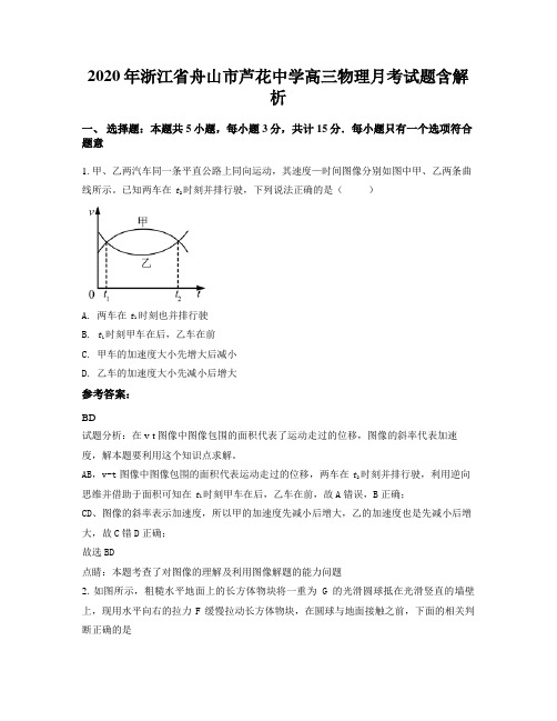 2020年浙江省舟山市芦花中学高三物理月考试题含解析