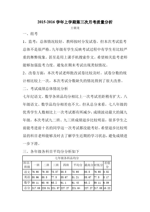 2015-2016上学期第三次月考质量分析