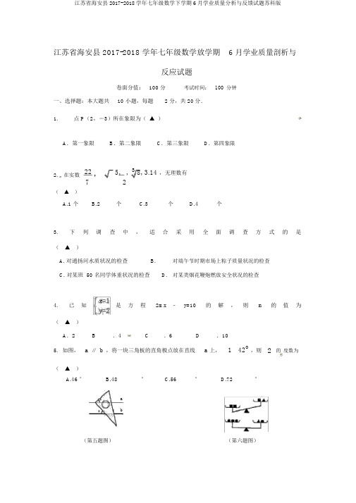 江苏省海安县2017-2018学年七年级数学下学期6月学业质量分析与反馈试题苏科版