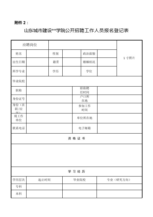 XX学院公开招聘工作人员报名登记表【模板】