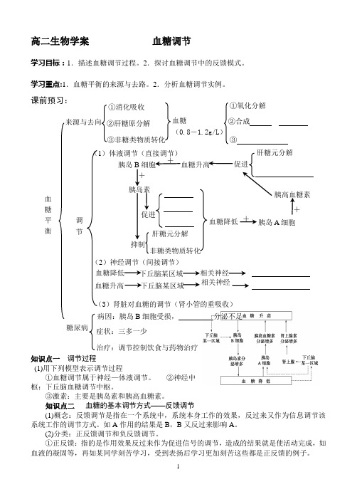 高二生物学案             血糖调节