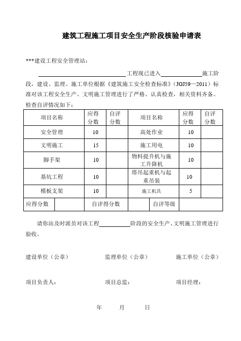 建筑工程施工项目安全生产阶段核验申请表