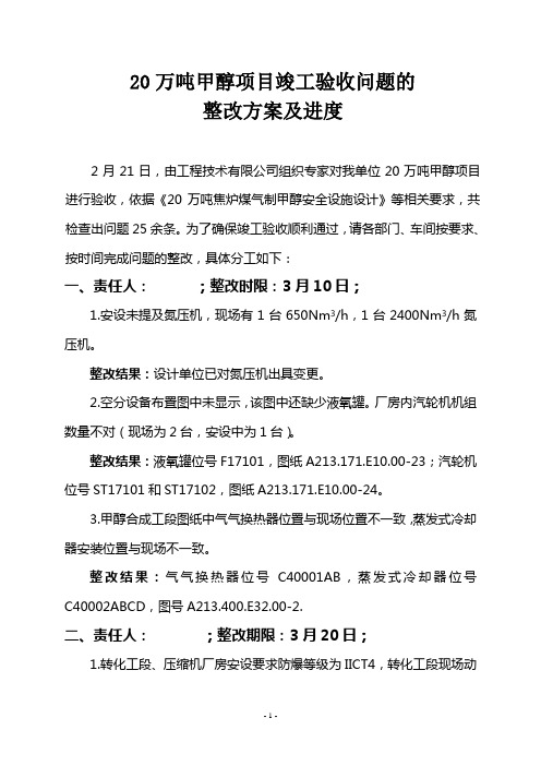 20万吨甲醇项目竣工验收问题的整改方案及进度