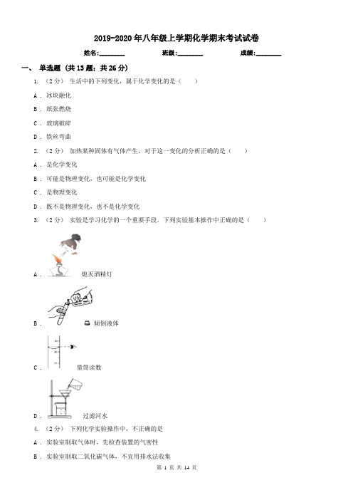 2019-2020年八年级上学期化学期末考试试卷