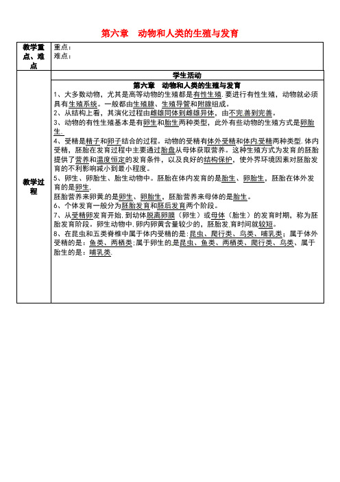 七年级科学下册第6章动物和人类的生殖与发育教案华东师大版