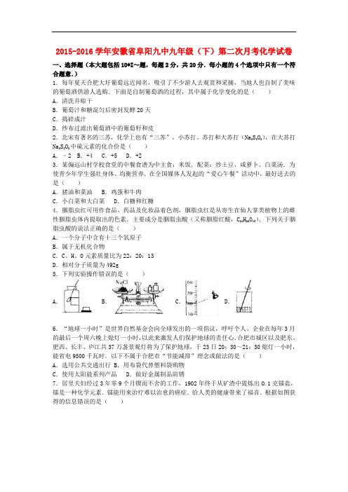 安徽省阜阳九中九年级化学下学期第二次月考试题(含解析) 新人教版