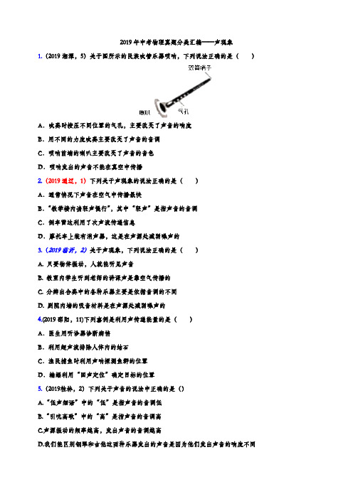 2019年中考物理真题分类汇编——声现象选择题专题(word版含参考答案)