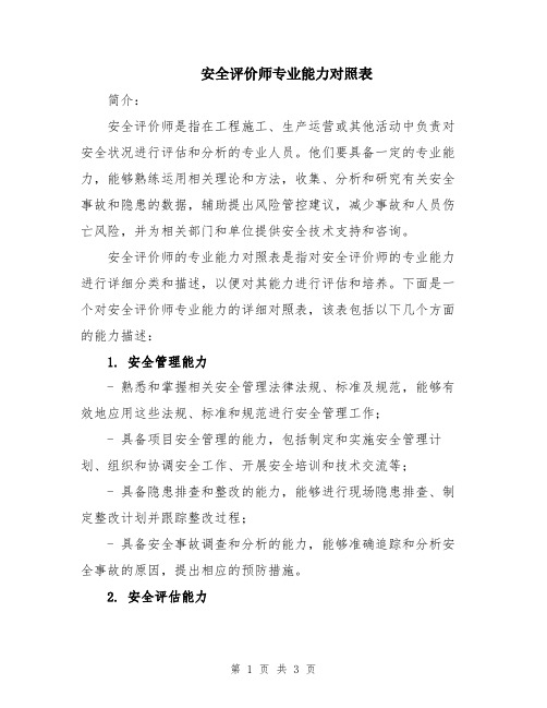 安全评价师专业能力对照表