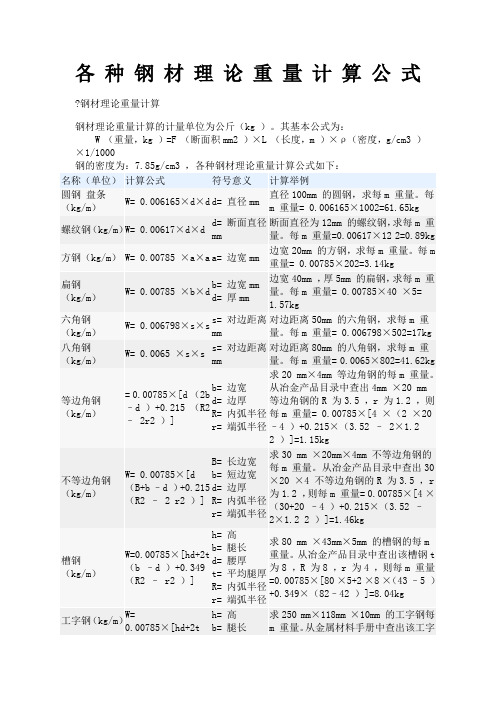 各种钢材理论重量计算公式