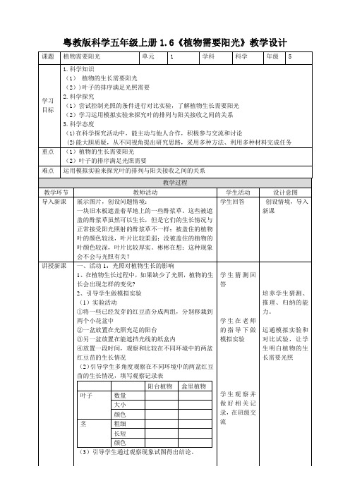 1.6 植物需要阳光（教案）(共30张PPT)