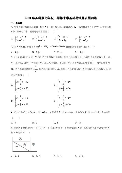 苏科版七年级下册第十章二元一次方程组基础易错题题巩固训练