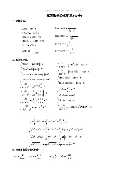 高等数学公式汇总(大全)