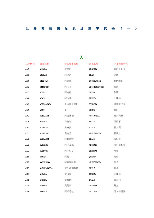 世界常用国际机场三字代码