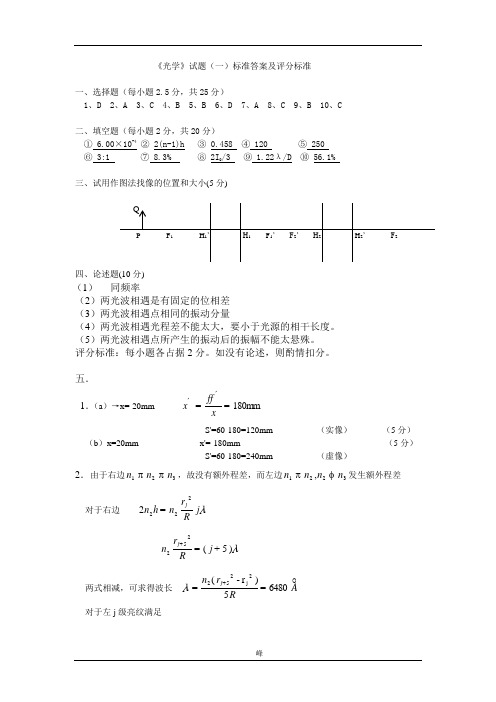 《光学》试卷库参考答案及评分标准