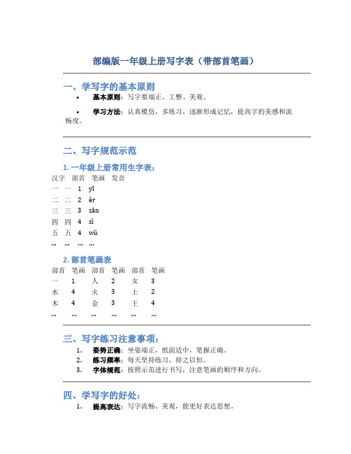 部编版一年级上册写字表(带部首笔画)