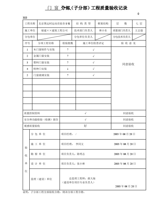 门窗工程质量验收记录