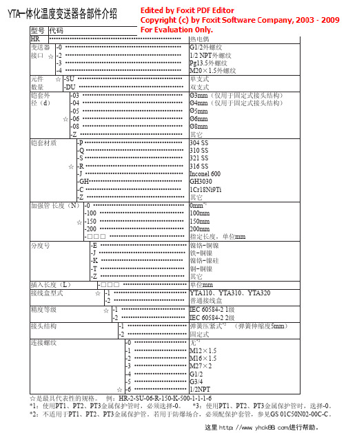 YTA一体化温度变送器各部件介绍