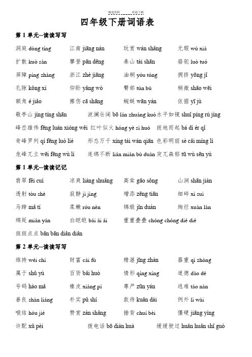 人教版小学语文四年级下册词语表(带拼音)