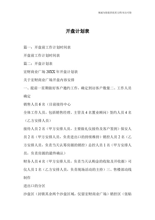 开盘计划表