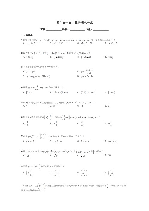 四川高一高中数学期末考试带答案解析
