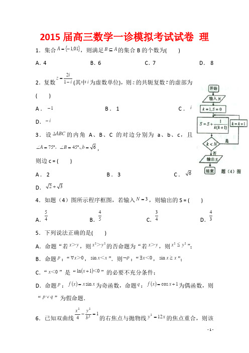 2015届高三数学一诊模拟考试试卷 理