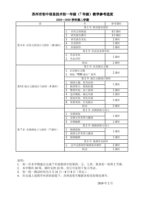 苏州市初中信息技术初一年级(7年级)教学参考进度