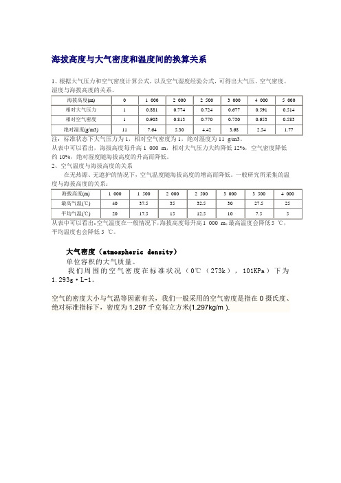 海拔高度与大气密度和温度间的换算关系